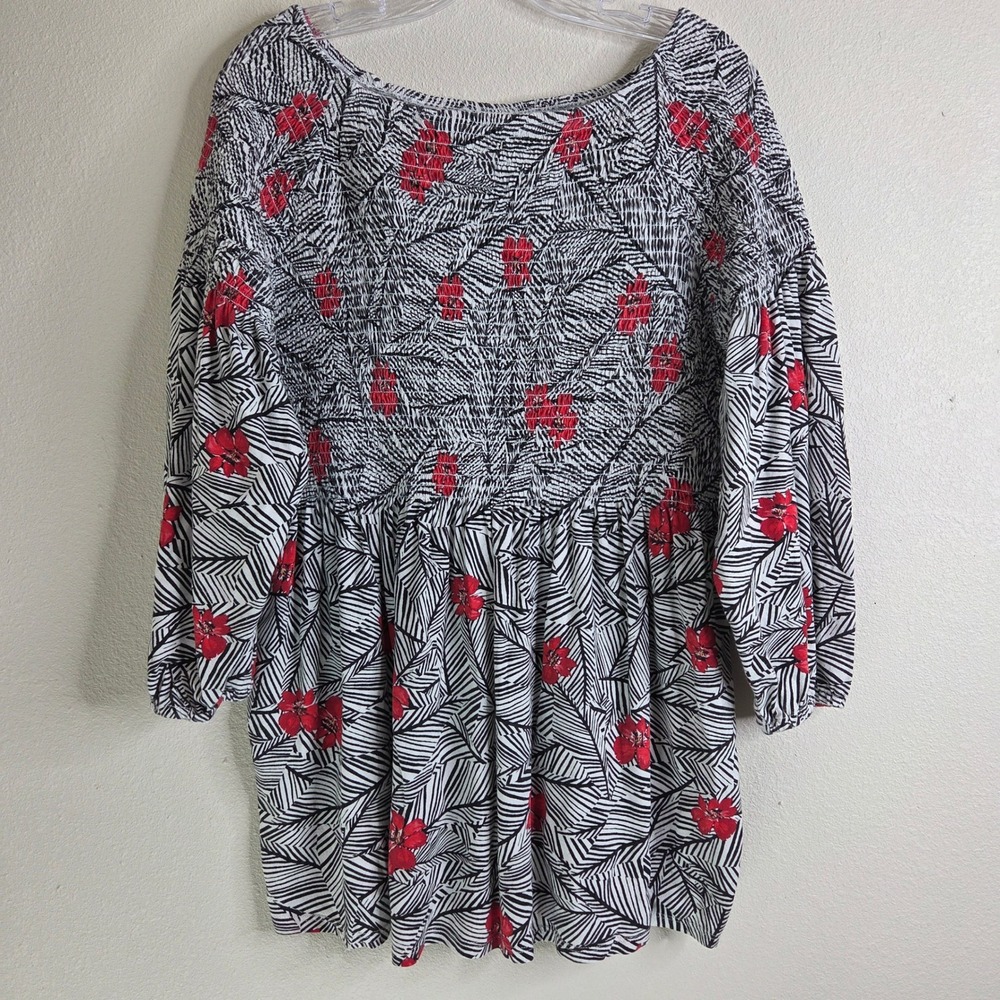 J.Jill Top Large Black White Red‎ Floral Smocked